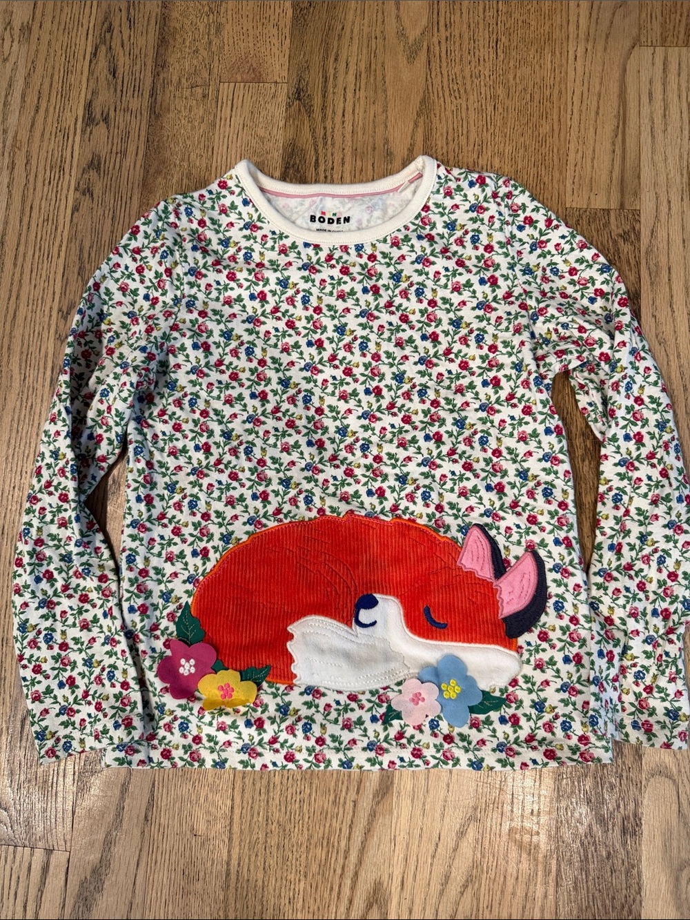 Mini Boden Girls White Floral Long-Sleeve Tee w/Orange Fox Appliqué, LIKE NEW